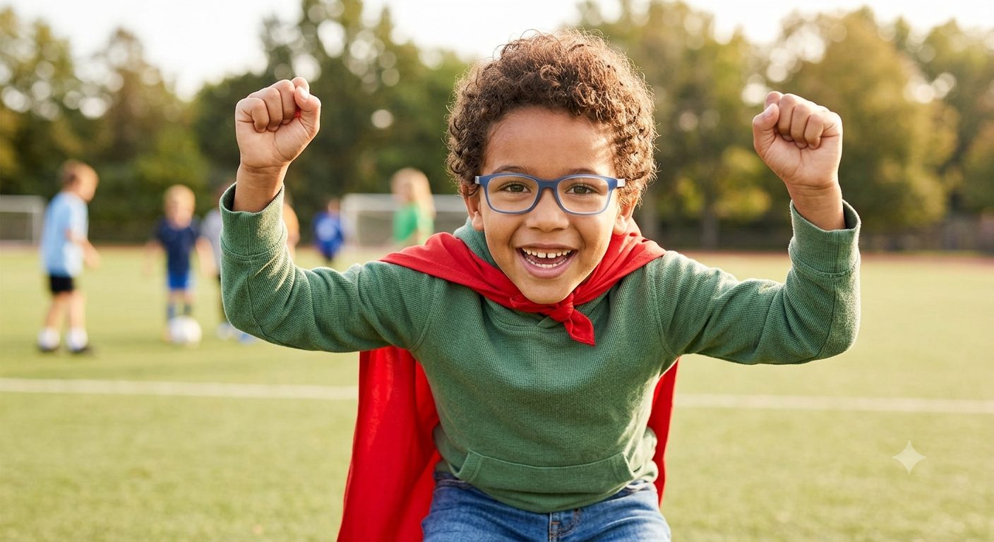 Child in a superhero cape smiling confidently after a myopia control assessment at Vismate