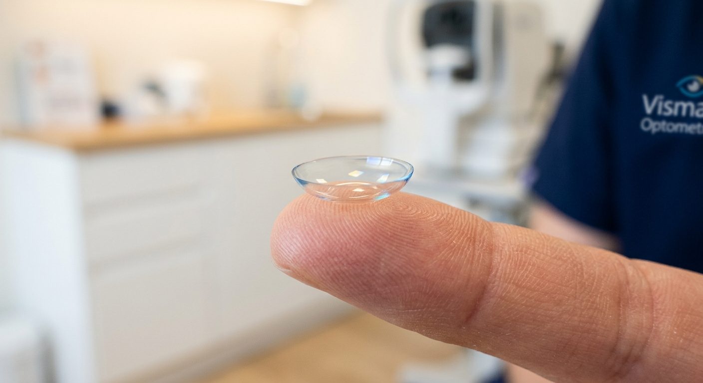 A custom Ortho-K overnight lens held on a fingertip at Vismate Optometrist